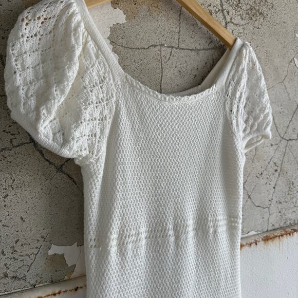 Puff Sleeve Dress White Crochet Knit Midi Cottagecore Romantic Boho Dress‎ Small - Picture 3 of 8